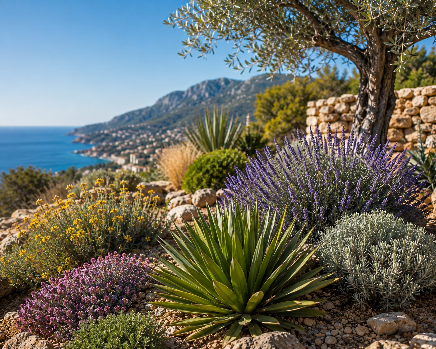Jardin méditerranéen résistant à la sécheresse avec lavande, agave et olivier dans les Alpes-Maritimes
